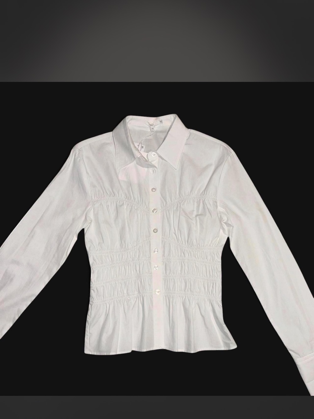 Women's White Smocked Button-Down Shirt with Collar